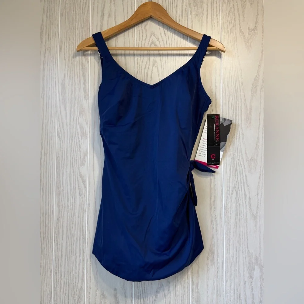 Roxanne Bra Sized V-Neck Sarong One-Piece Swimsuit Navy Size 12 / 36C NWT
